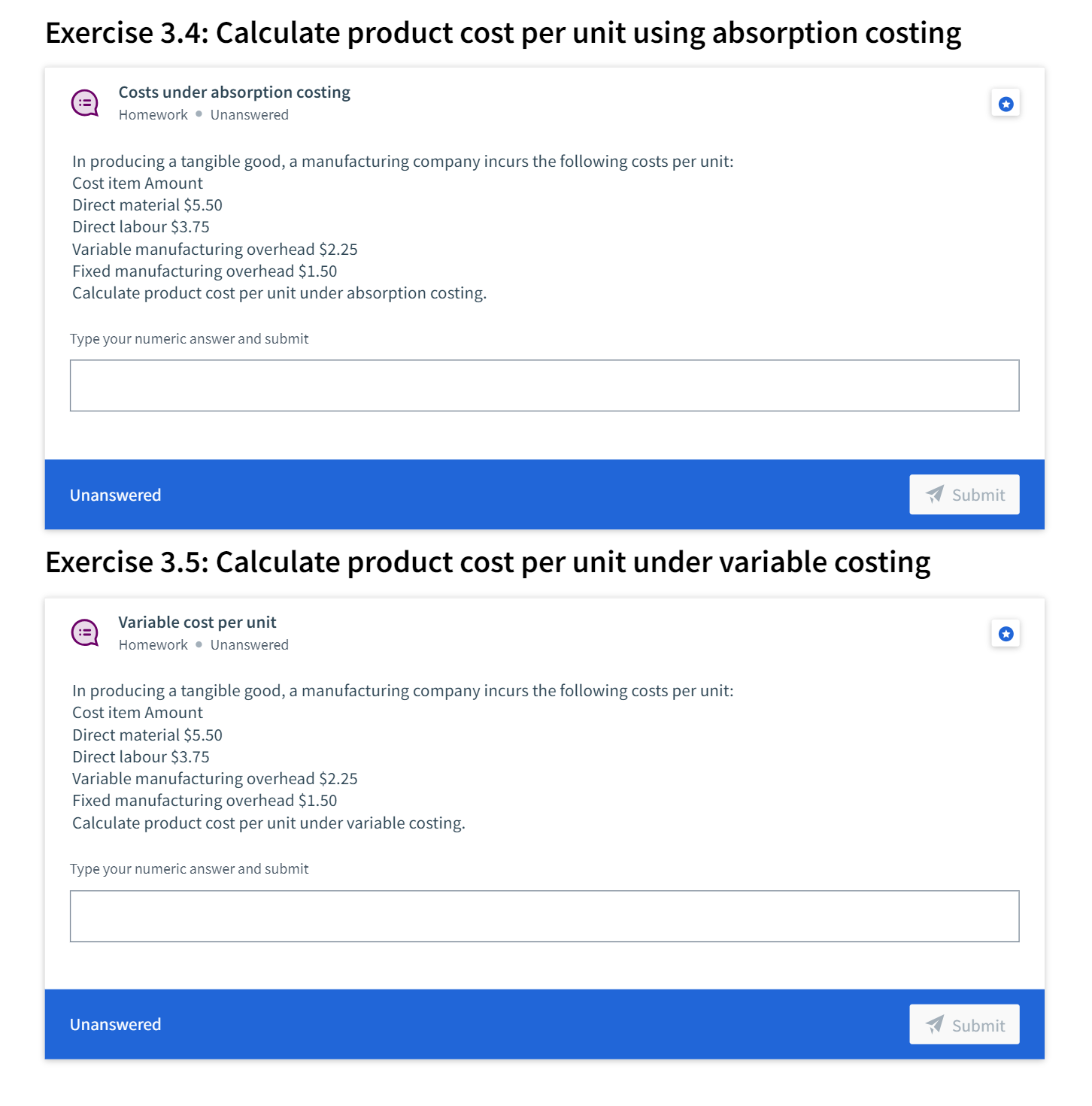 Exercise 3.4: Calculate product cost per unit using absorption costing Costs