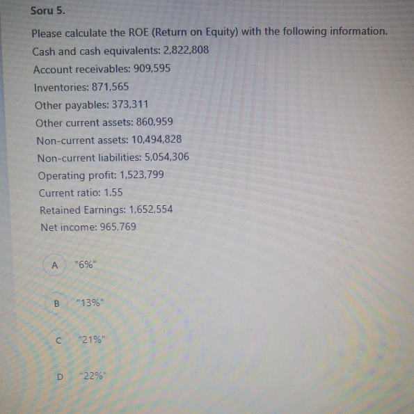  Soru 5. Please calculate the ROE (Return on Equity) with the