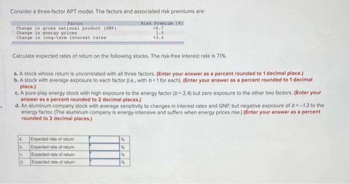  Consider a three-factor APT model. The factors and associated risk premiums