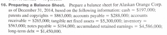  16. Preparing a Balance Sheet. Prepare a balance sheet for Alaskan