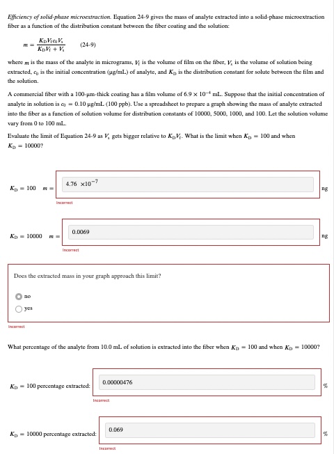  Efficiency of solid-phase microextraction. Equation 24-9 gives the mass of analyte