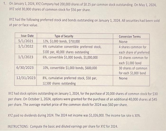 Compute the basic & diluted earnings per share for XYZ for 2024.
