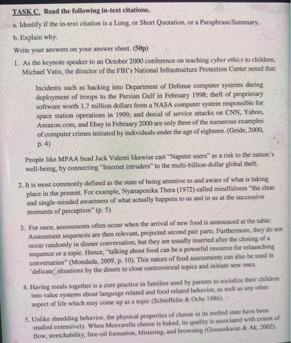  TASK C. Read the following in-text citations. a. Identify if the