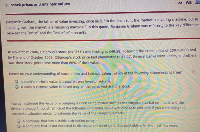  3. Stock prices and intrinsic values Aa Aa E RE Benjamin