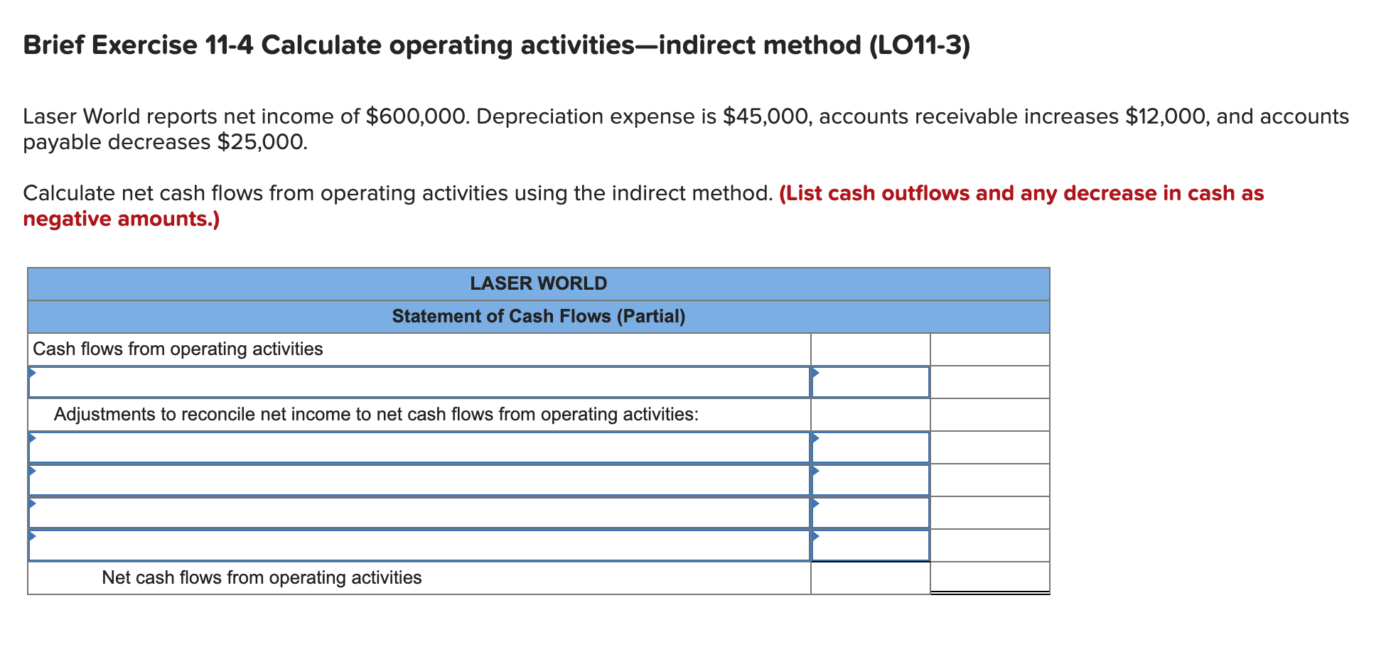  Brief Exercise 11-4 Calculate operating activities-indirect method (LO11-3) Laser World reports