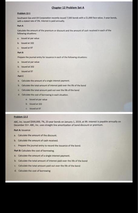 need part C and problem 12-2 Chapter 12 Problem Set A Problem