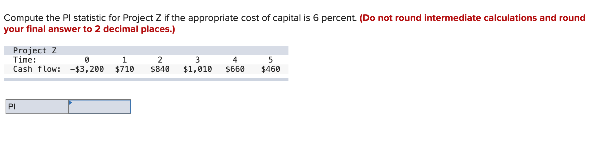  Compute the PI statistic for Project Z if the appropriate cost