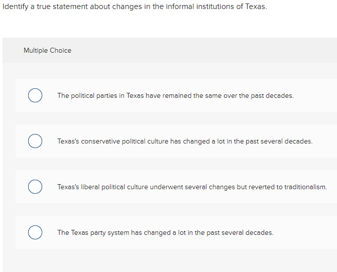  Identify a true statement about changes in the informal institutions of
