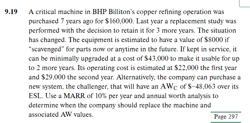 Please solve using excel functions! 19 A critical machine in BHP Billiton's