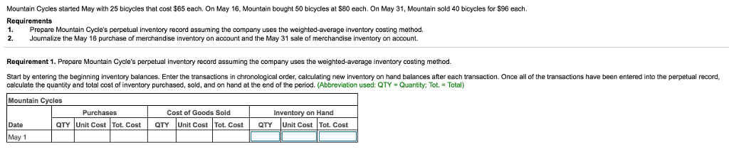  Mountain Cycles started May with 25 bicycles that cost $65 each.