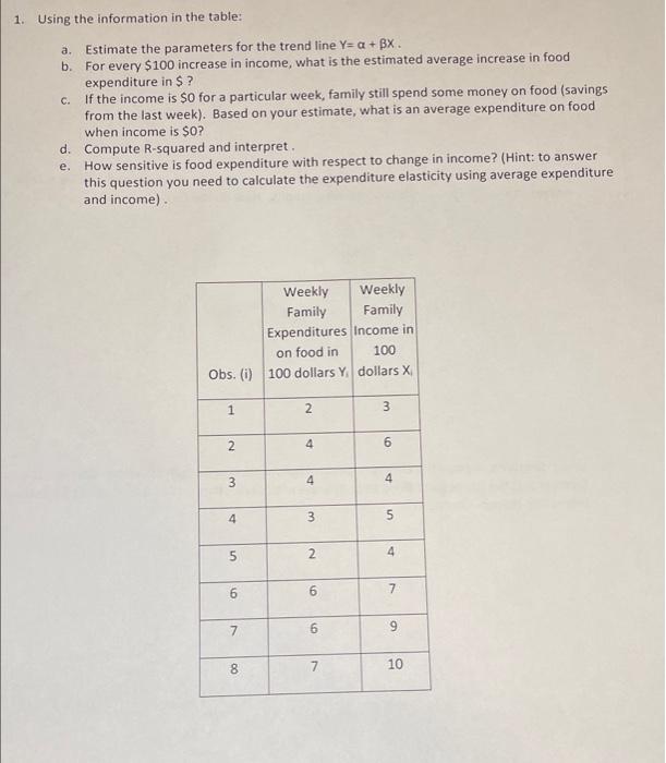 1. Using the information in the table: a. Estimate the parameters