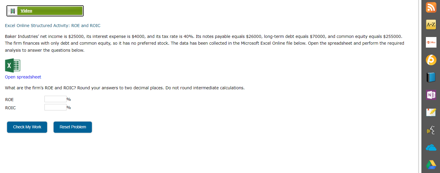 Excel Online Structured Activity: ROE and ROIC analysis to answer the