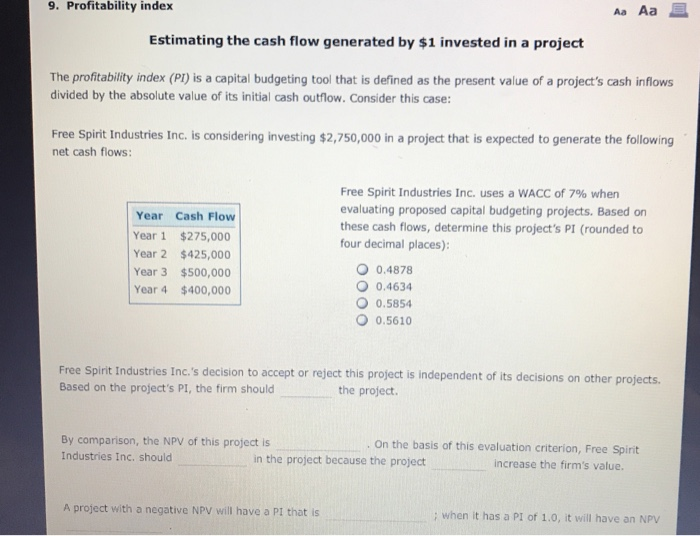  9. Profitability index Aa Aa Estimating the cash flow generated by