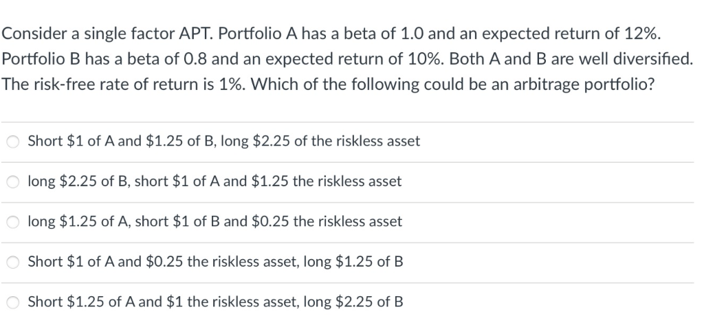Consider a single factor APT. Portfolio A has a beta of
