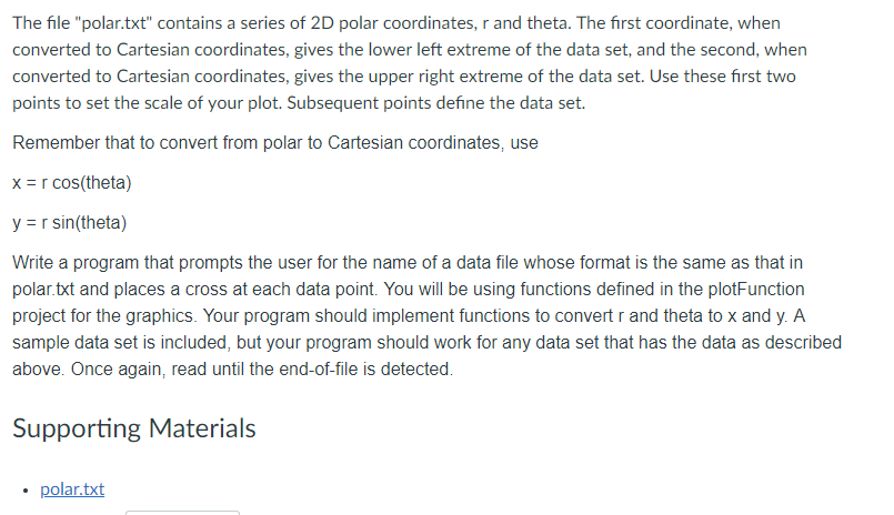 Write a C program (Functions and Plots): File: polar.txt Numbers: 55 3.9269875