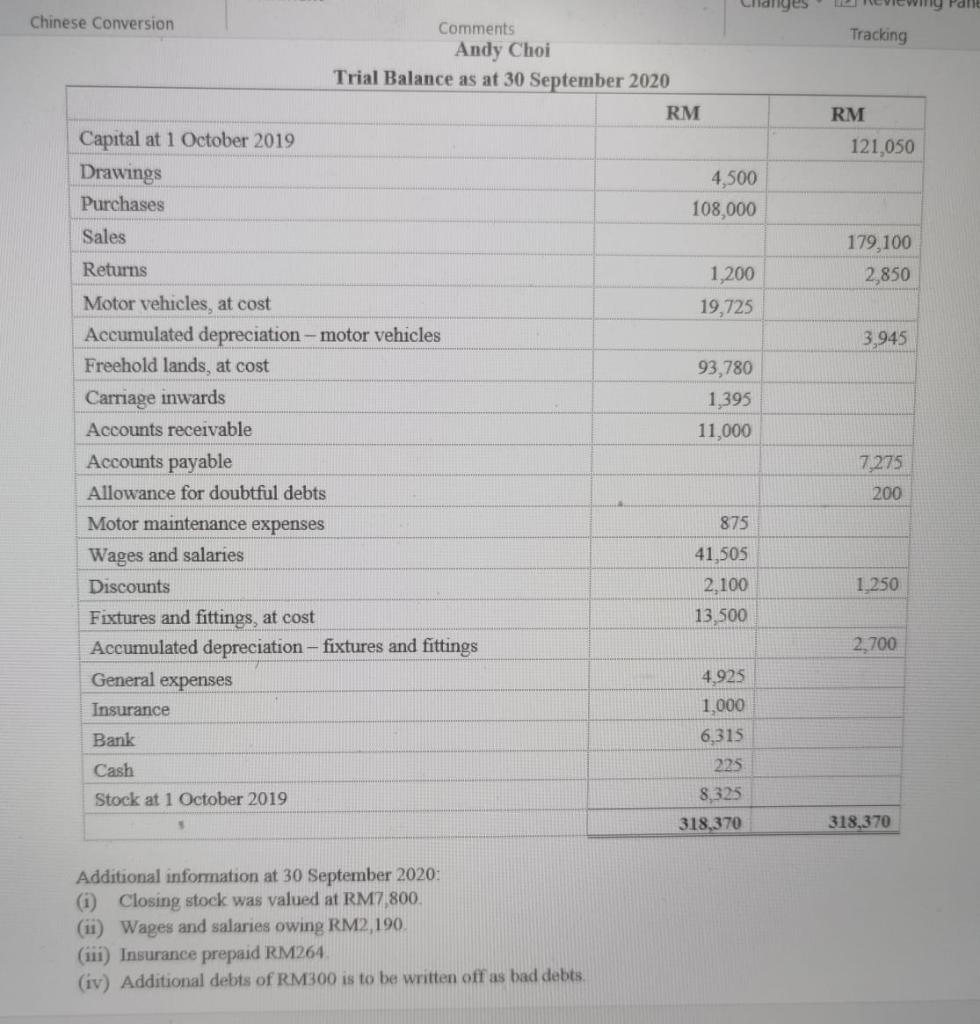 Chinese Conversion Comments Tracking Andy Choi Trial Balance as at 30
