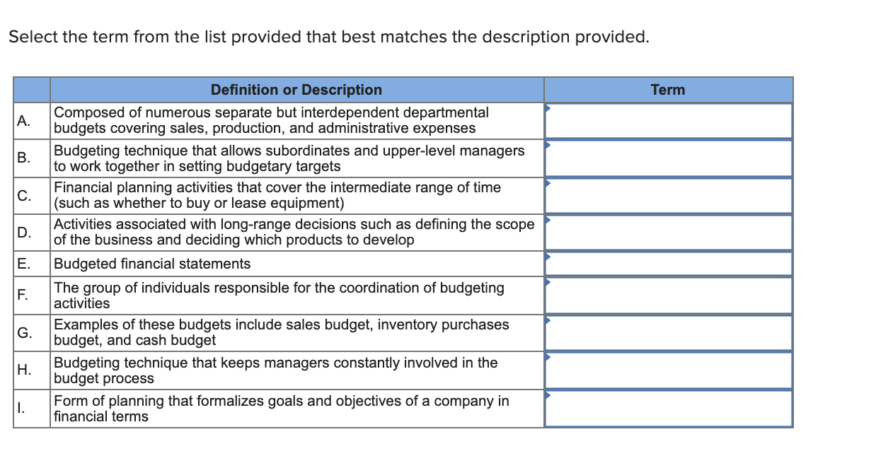  Select the term from the list provided that best matches the