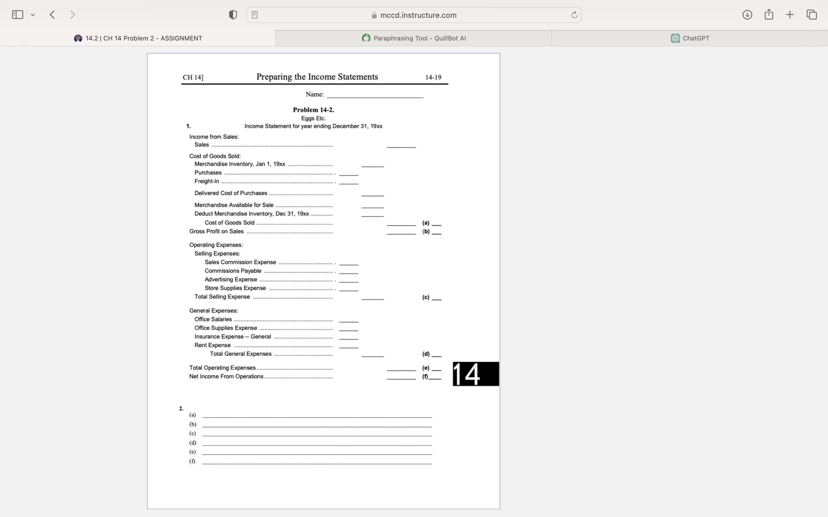  Name: Problem 14-2. Eggs Etc. Income Statement for year ending December