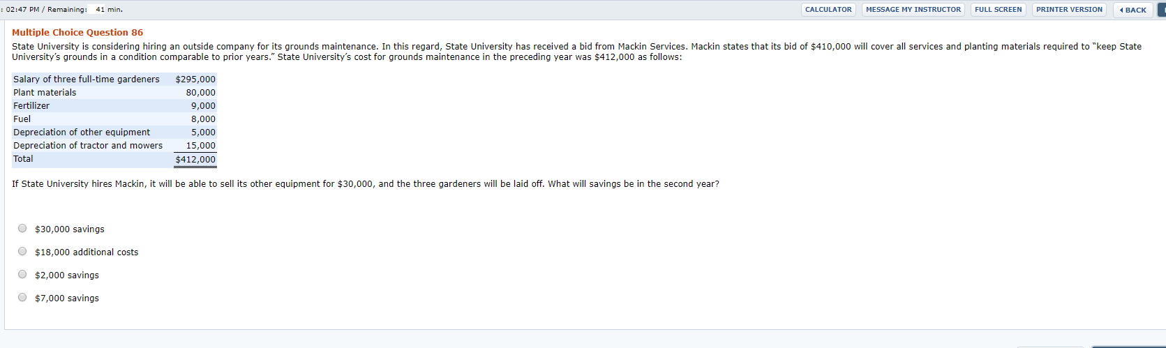 Please answer ASAP 02:47 PM Remaining: 41 min PRINTER VERSION CALCULATOR MESSAGE