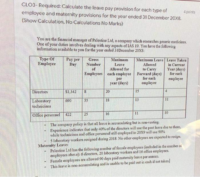  CLO3- Required: Calculate the leave pay provision for each type of
