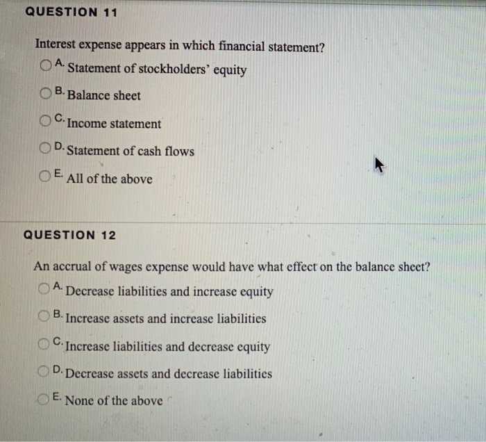  QUESTION 11 Interest expense appears in which financial statement? OA Statement