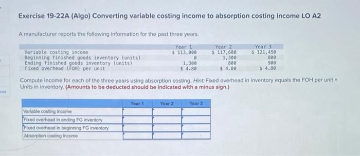  Exercise 19-22A (Algo) Converting variable costing income to absorption costing income