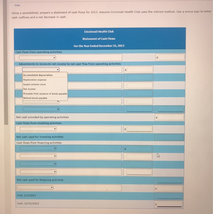 Statement of Cash Flows Comparative balance sheets for Cincinnati Health Club are