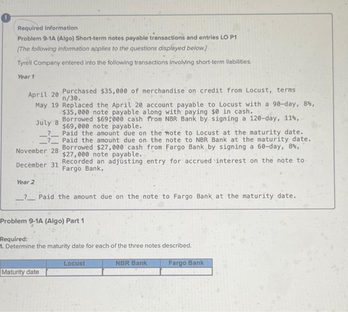  Required information Problem 9-1A (Algo) Short-term notes payable transactions and entries
