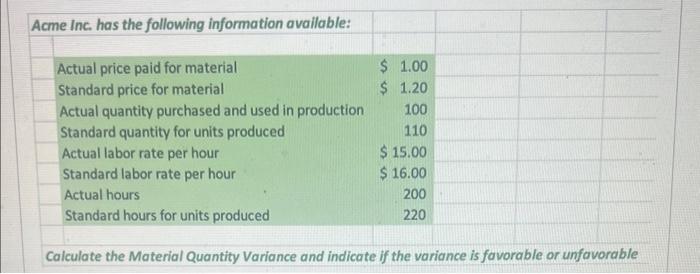  Caiculate the Material Quantity Variance and indicate if the variance is