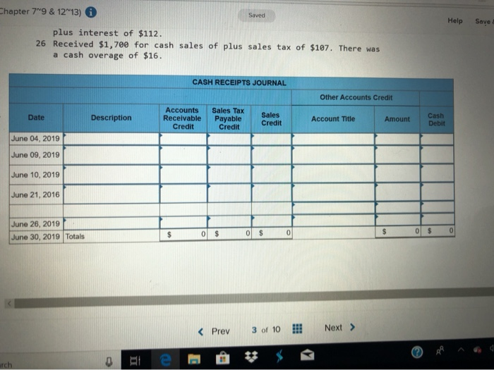 following transactions for the month of June 2019 in the cash receipts