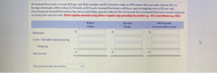  At Sunland Electronics, it costs $29 per unit ($16 variable and