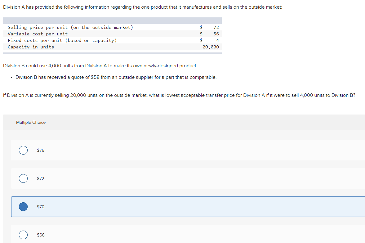 Division A has provided the following information regarding the one product