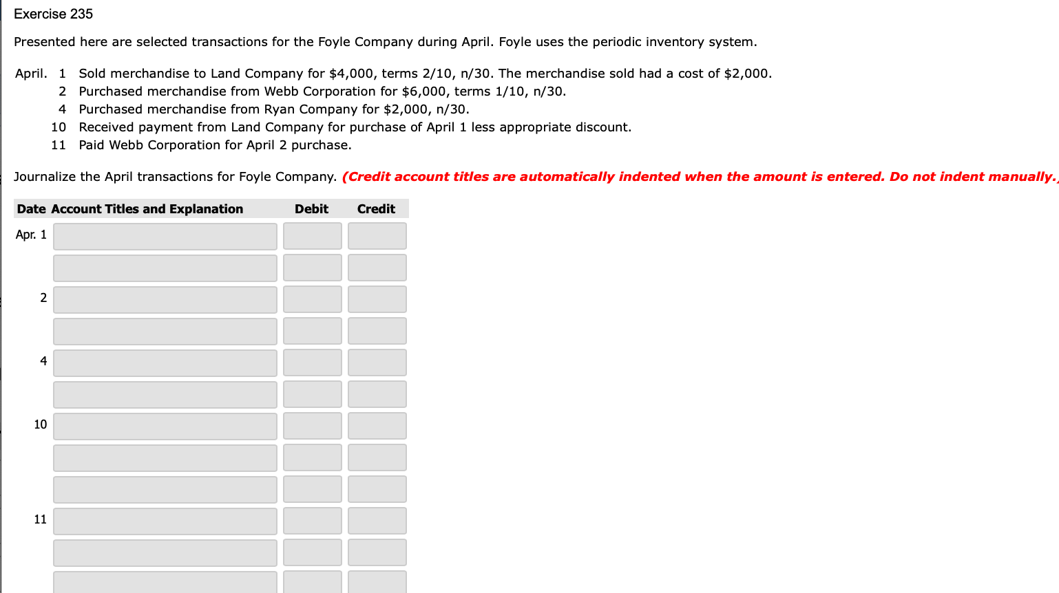  Exercise 235 Presented here are selected transactions for the Foyle Company
