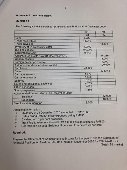  2 Answer ALL questions below. Question 1 The following is the