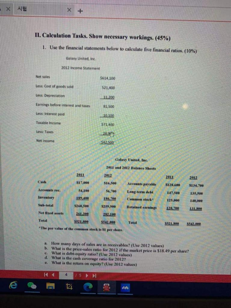  X X + II. Calculation Tasks. Show necessary workings. (45%) 1.