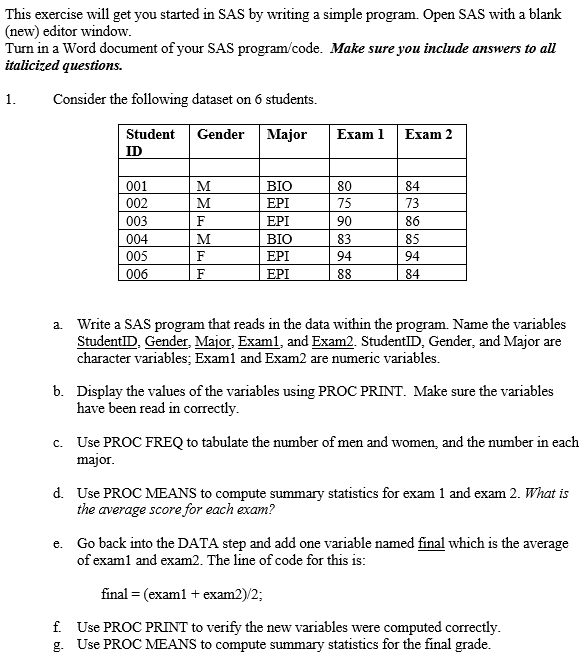  This exercise will get you started in SAS by writing a