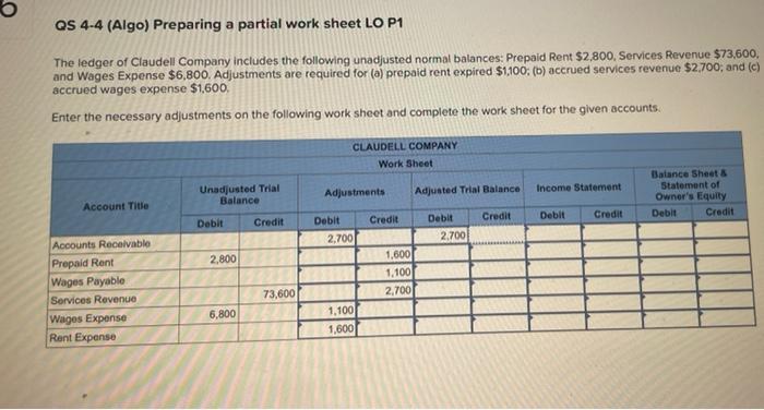 QS 4-4 (Algo) Preparing a partial work sheet LO P1 The