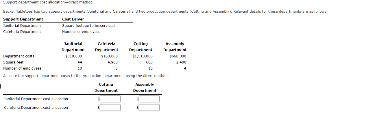  Support department cost allocation-direct method Becker Tabletops has two support departments