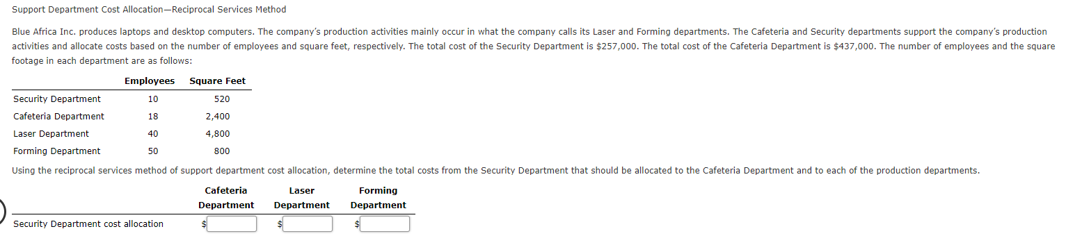 Janitorial and Cafeteria) and two production departments (Cutting and Assembly). Relevant details