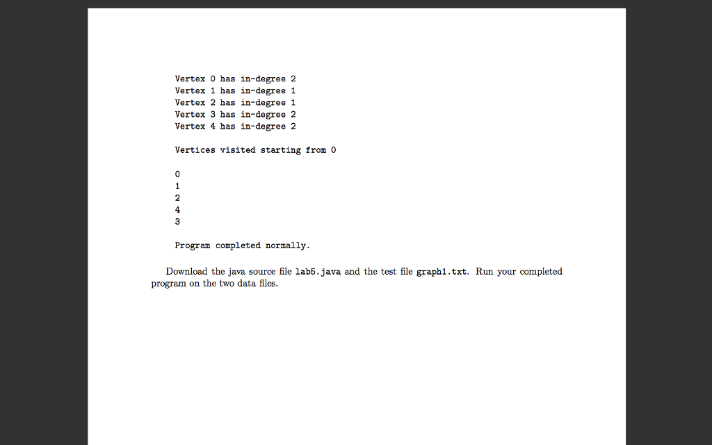 methods(DFS, printInDegree), the other things won't be changed. Thank you Lab5.java /************************************************