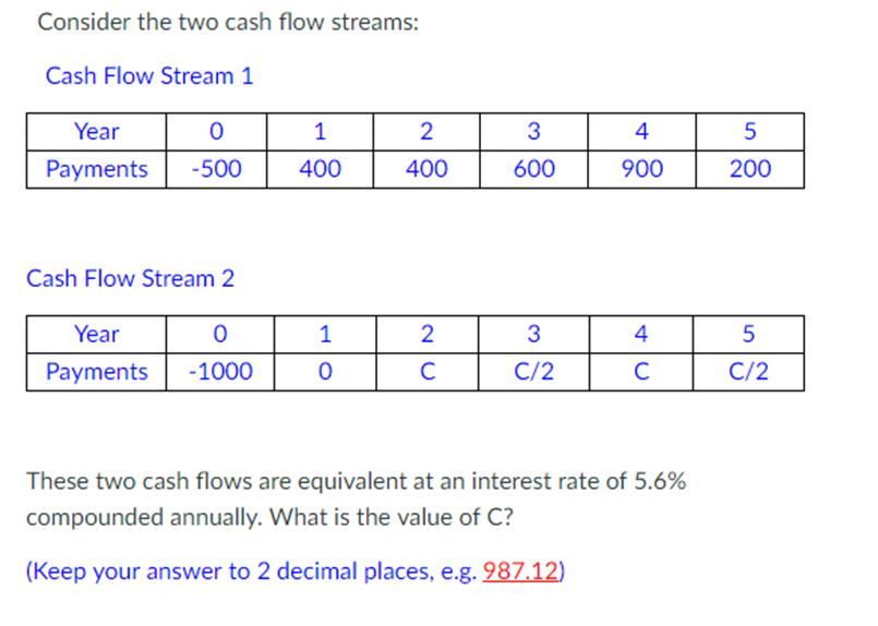  Consider the two cash flow streams: Cash Flow Stream 1 Year