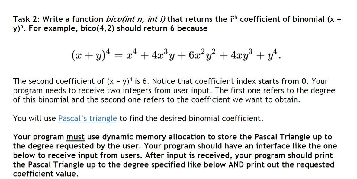  In C++ code only Task 2: Write a function bico(int n,