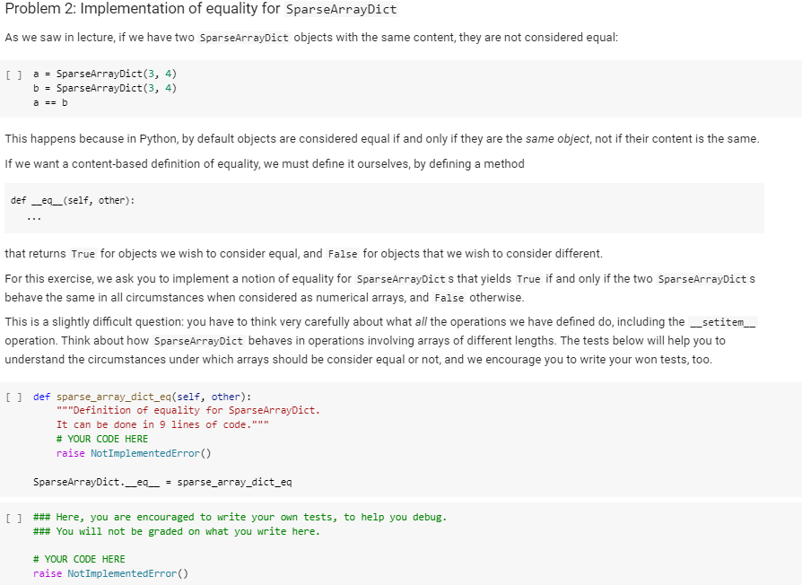 Need some help with python problem Test: Problem 2: Implementation of equality