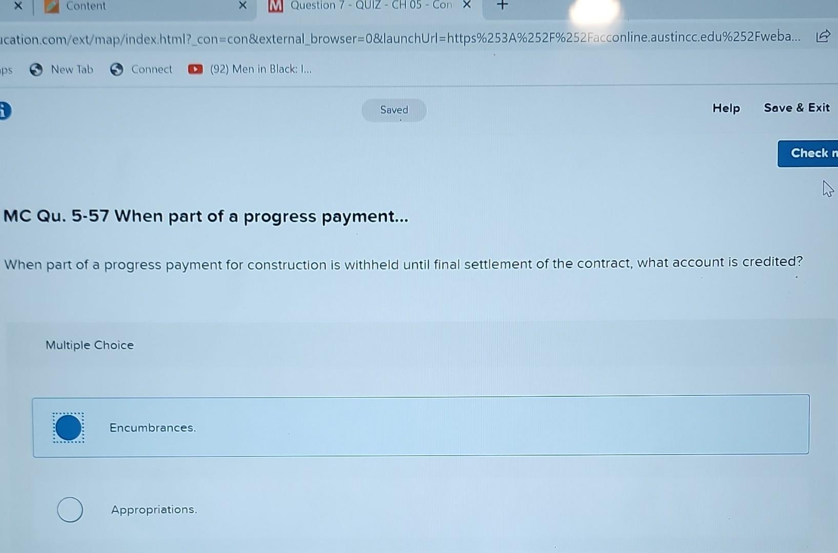  Ication.com/ext/map/index.html?_con=con\&external_browser=0\&launchUrl=https\%253A\%252F\%252Facconline.austincc.edu\%252Fweba... \lfloor New Tab Connect (92) Men in Black: I... MC