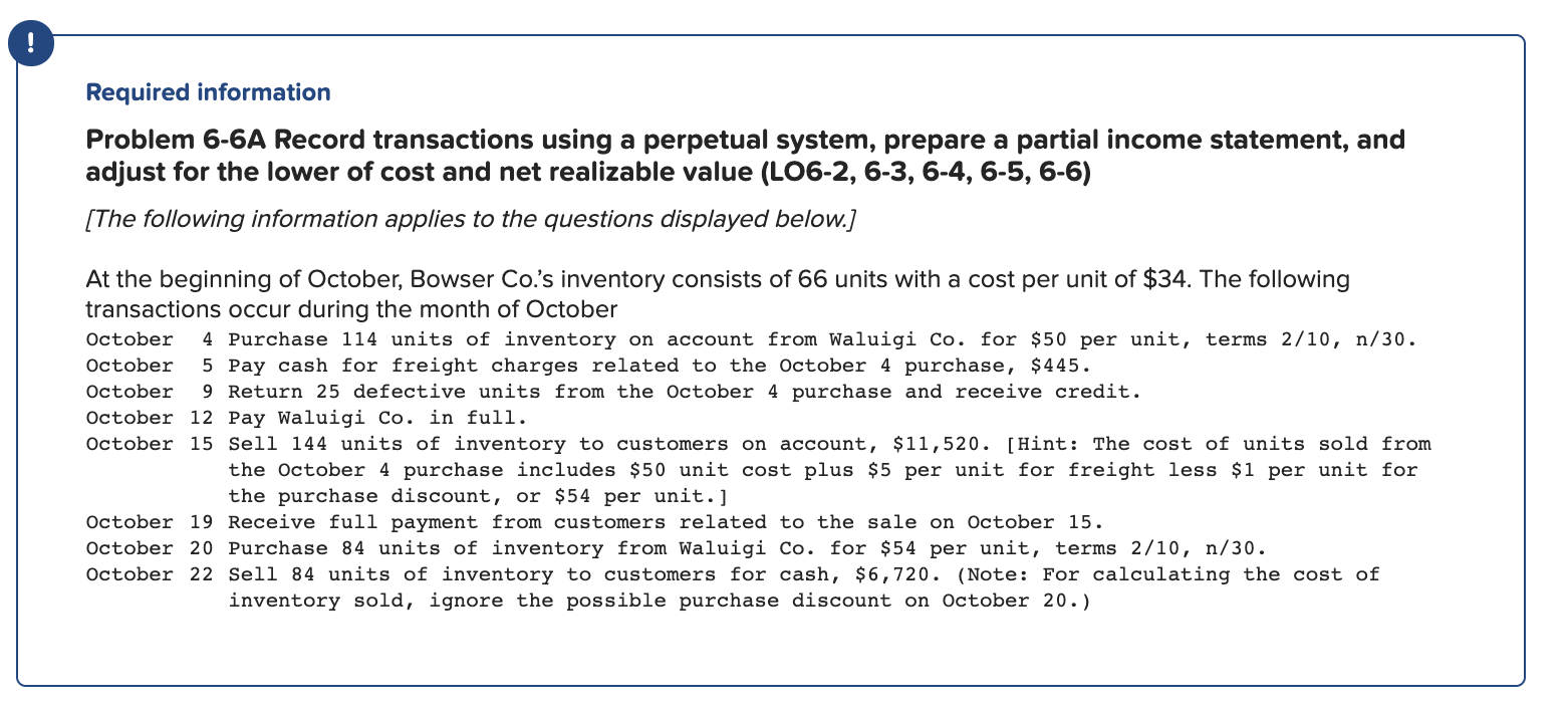  Required information Problem 6-6A Record transactions using a perpetual system, prepare