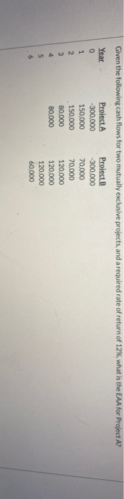  Given the following cash flows for two mutually exclusive projects, and