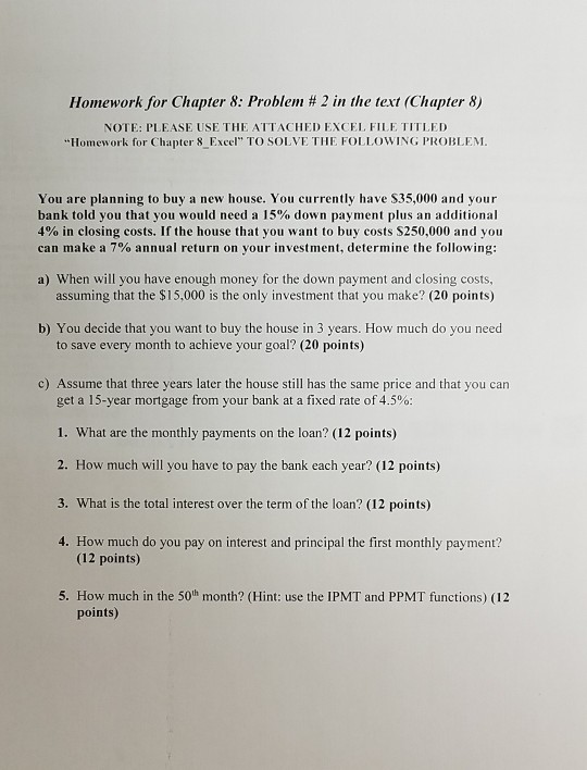  please show all work in excel Homework for Chapter 8: Problem