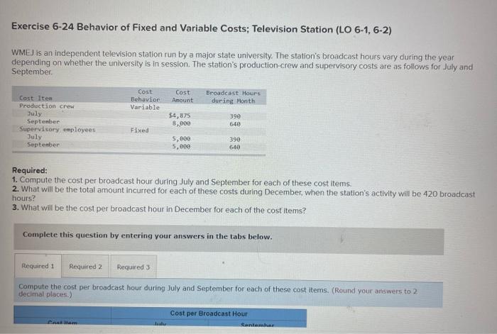 Need ASAP Exercise 6-24 Behavior of Fixed and Variable Costs; Television Station