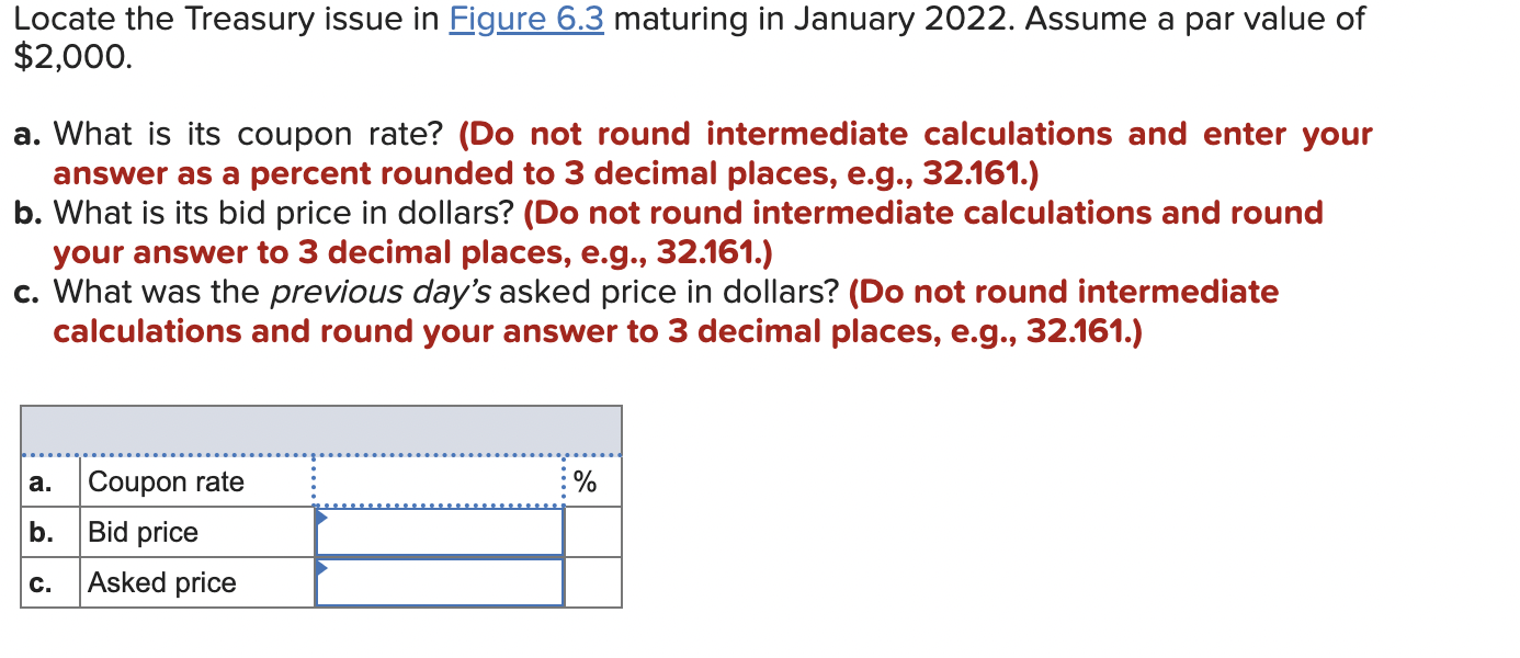 Locate the Treasury issue in Figure 6.3 maturing in January 2022.