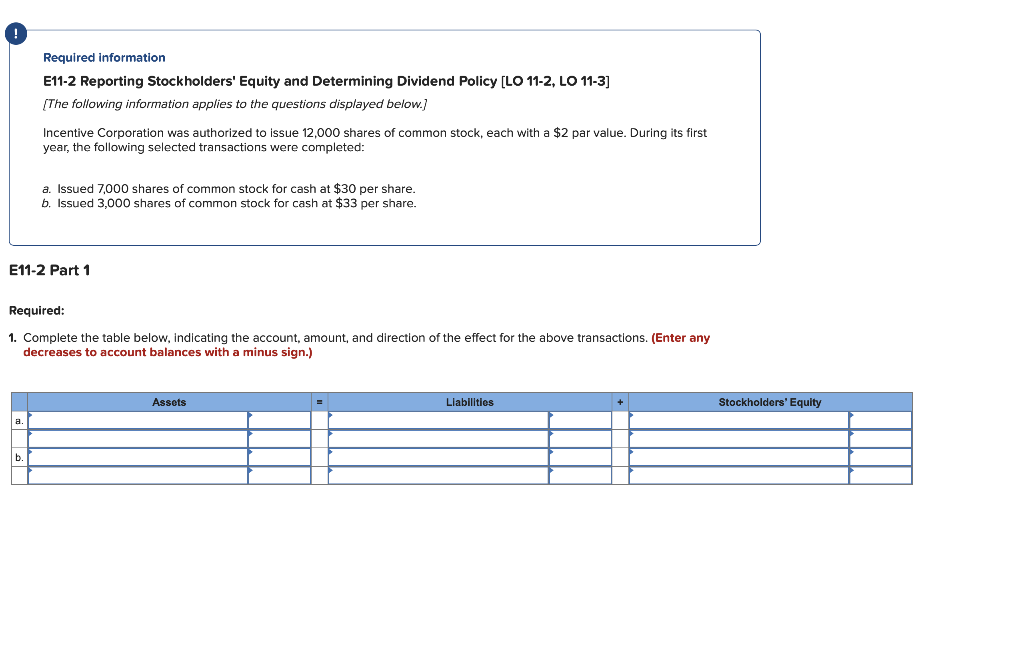 Required information E11-2 Reporting Stockholders' Equity and Determining Dividend Policy [LO